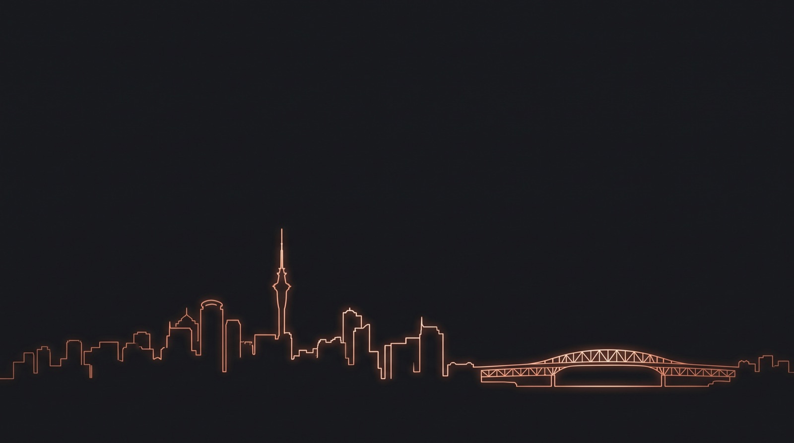 Auckland skyline at dusk as copper line art, Sky Tower and Harbour Bridge