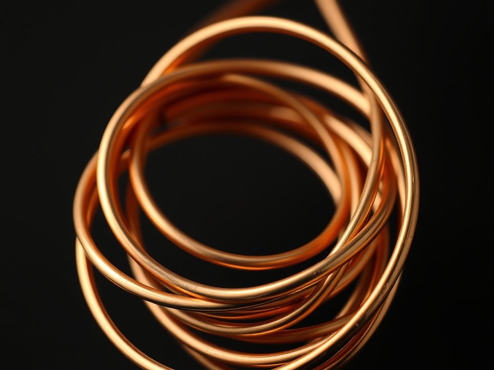 Coiled copper cable in close-up
